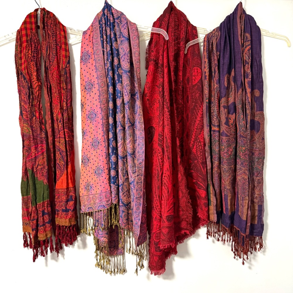 Lot of 4 Long Paisley Pashmina Style Scarves Red Purple Blue Boho Fringed Bundle